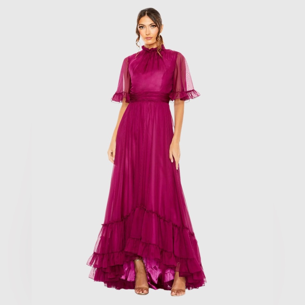 Mac Duggal Mock Neck Flutter Sleeve High Low Hem Gown ~ Raspberry ~ Size 14